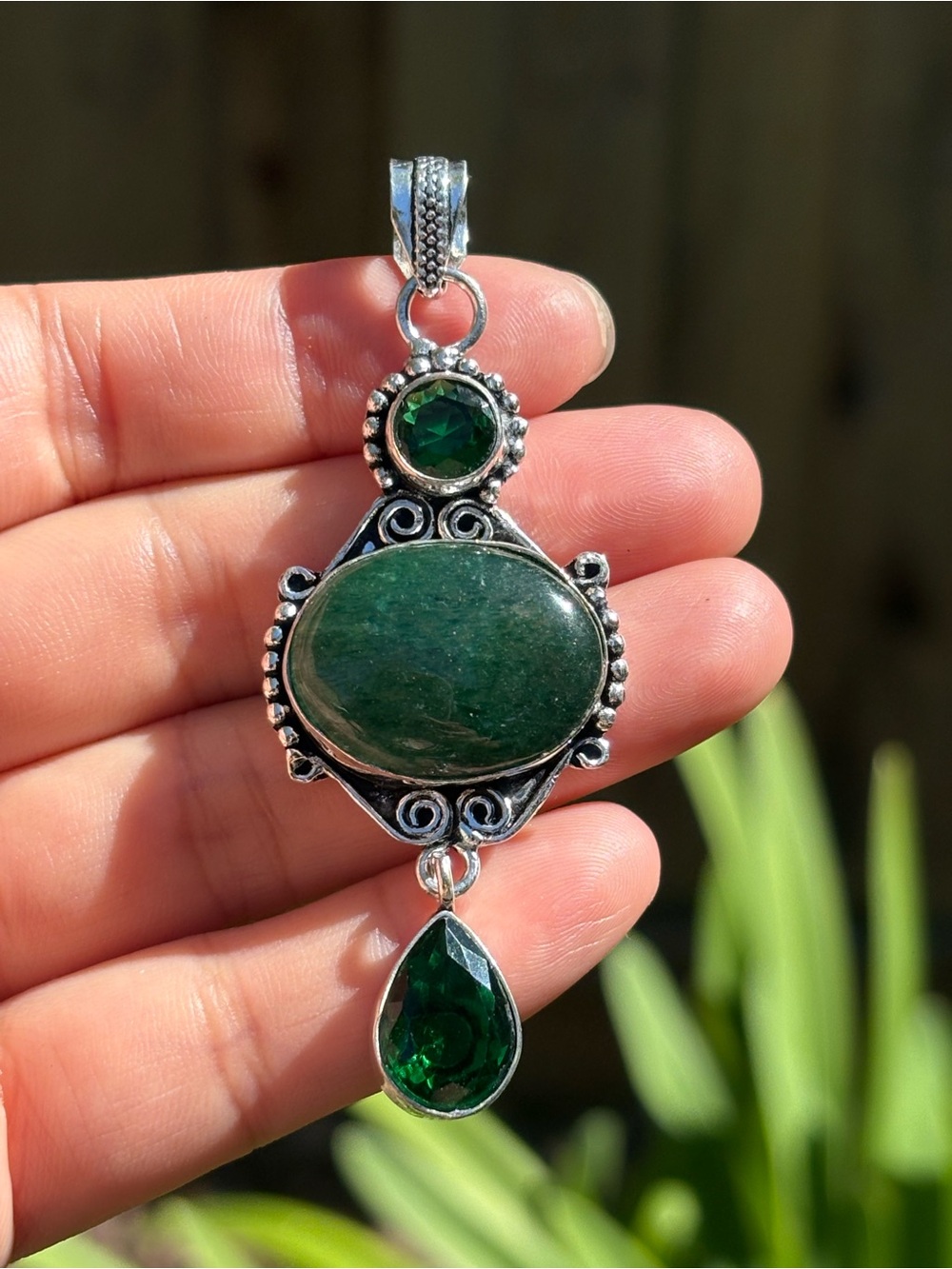 Natural Green Aventurine Simulated Faceted Peridots Silver Pendant